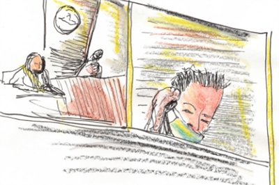 [ai] A sketch illustrating a courtroom scene, featuring a judge and two figures. One figure is wearing a mask and appearing thoughtful, while the other is seated nearby. The background includes a clock.